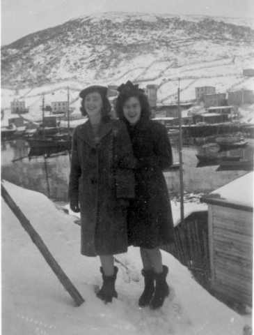 525: l-r Anne and Cede McCarthy in front of Red Island harbour. (circa early 1940s)  - Daughters of James McCarthy &amp;amp; Julia Reddy